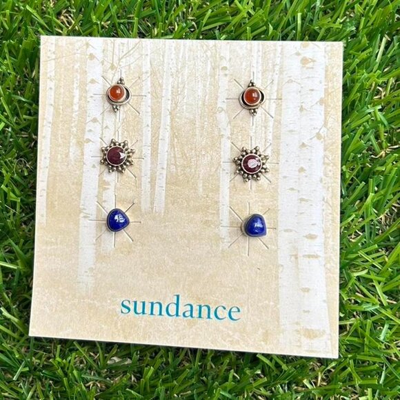 HandcrafteSundance Earrings Set – Red Stone, maroon stone & Blue Drop (Set of 3) - Picture 1 of 2